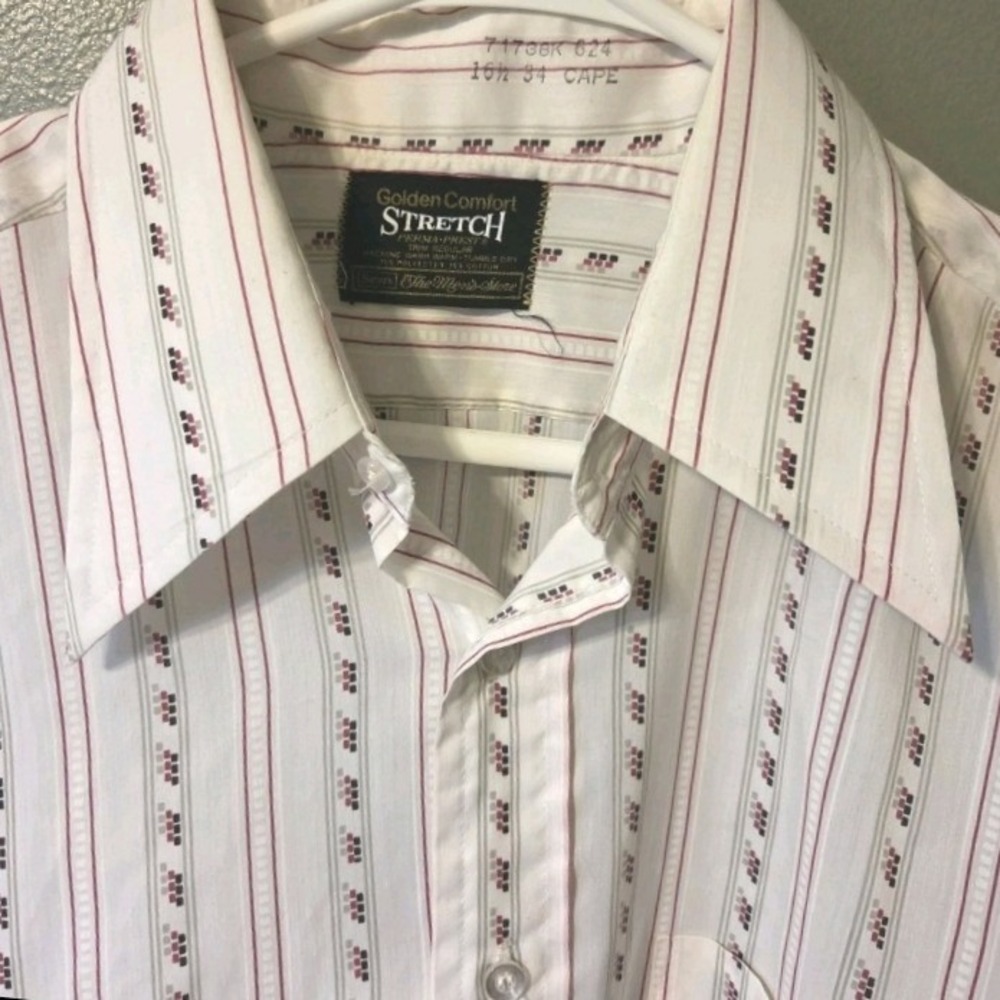 Vintage Sears Golden Comfort Stretch Shirt White Red Black Stripe 16.5 Dagger